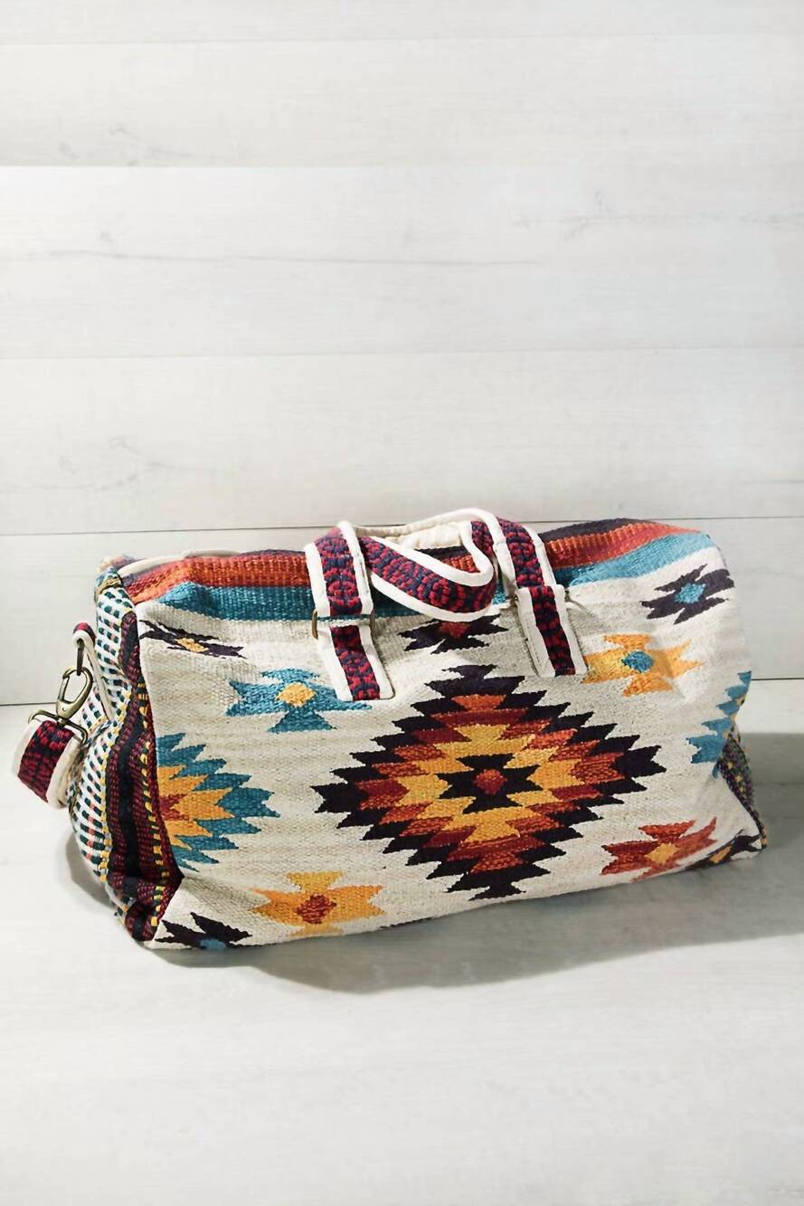 NEW URBANISTA women's handmade navajo pattern cotton duffel bag with suede strap